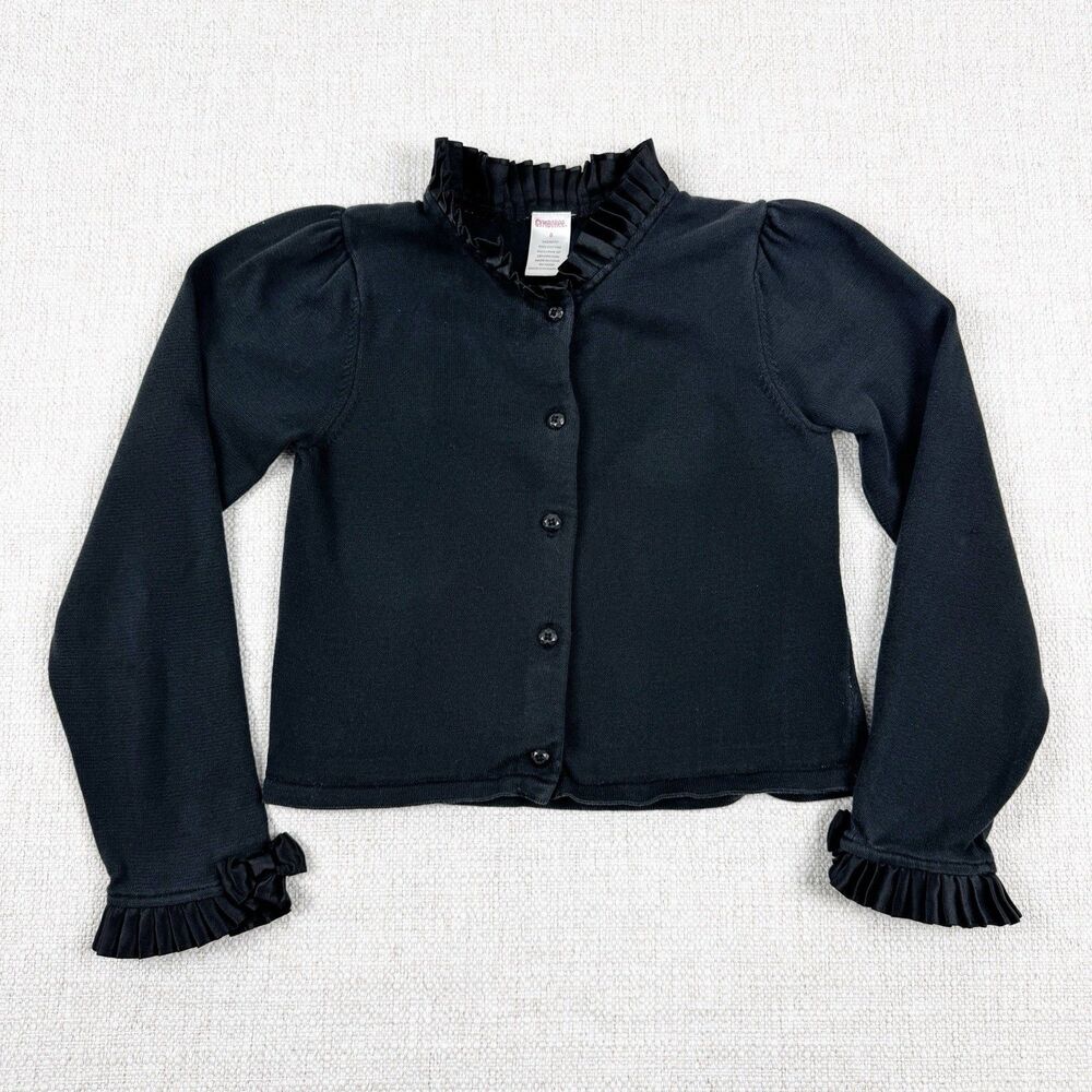 Gymboree Girl's Black Ruffled Collar Long Sleeves Bow Cardigan Sweater Size 8